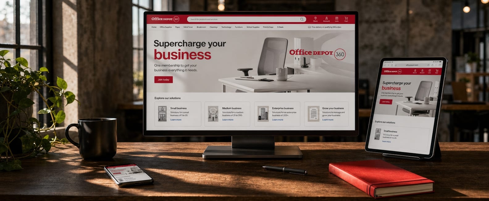 An Office Depot 360 webstore open on a desktop monitor and a tablet