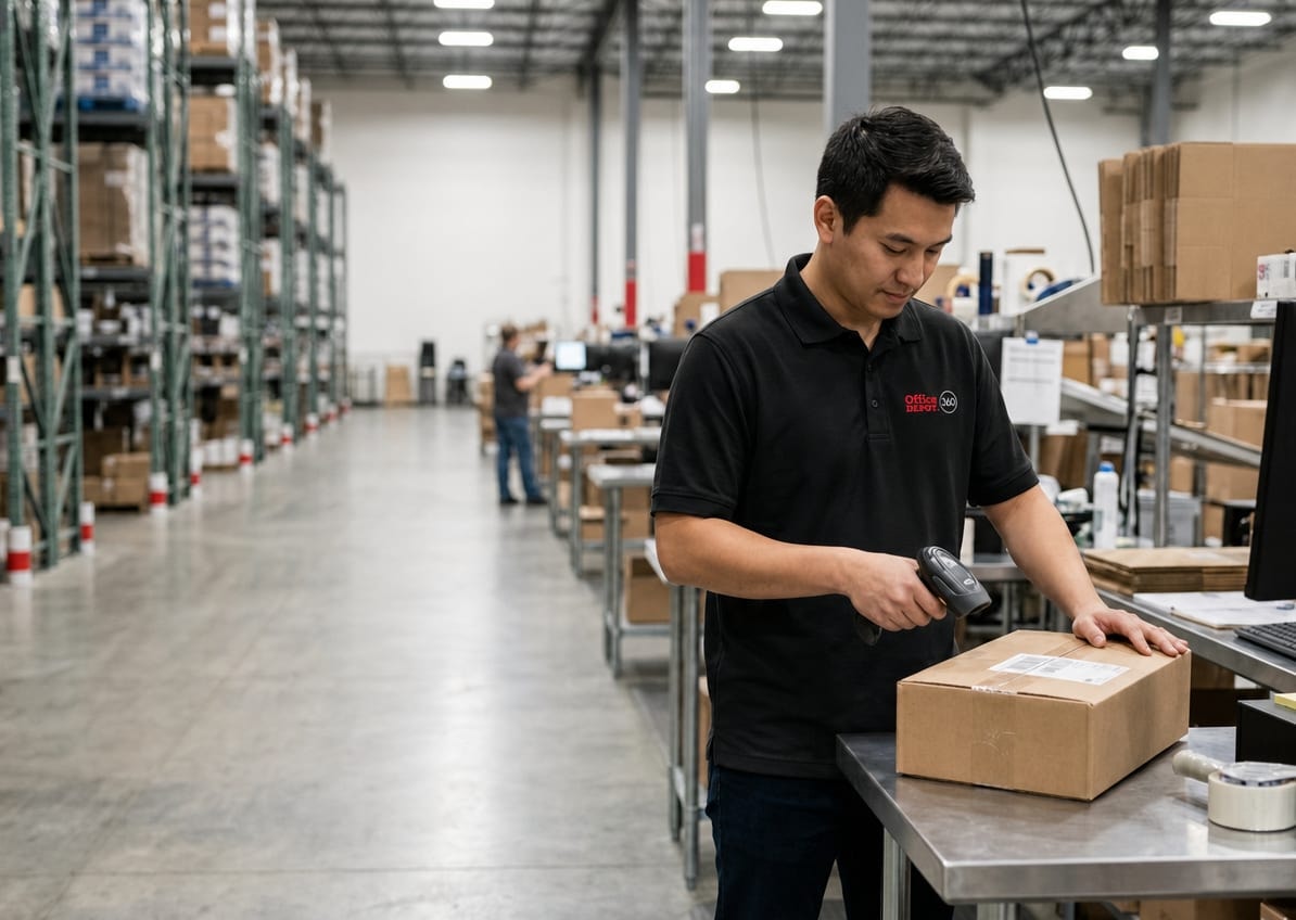 A warehouse associate scans the label on a packed shipping carton