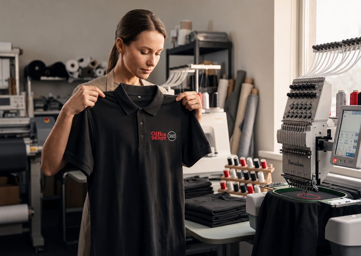 A decorator holds up a black polo with an embroidered Office Depot 360 logo