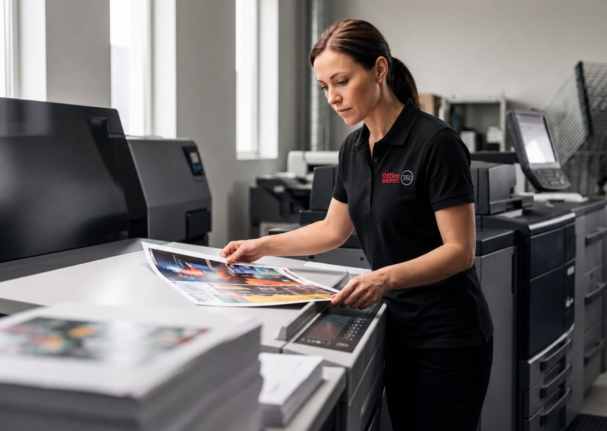A print technician checks a full-color proof at a production printer
