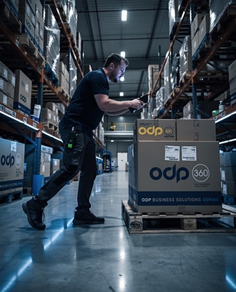 ODP360 distribution warehouse — picker scanning branded inventory mid-motion